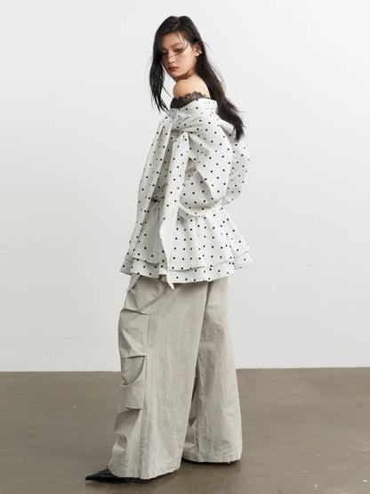 Lace-up off-the-shoulder polka dot sweatshirt【s0000014040】