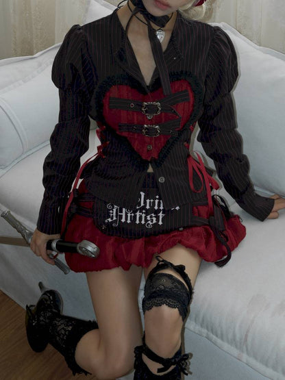 Lace-Up Striped Puff-Sleeve Lantern Skirt Shirt【s0000014435】