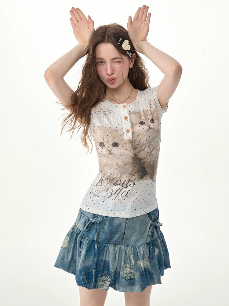 Cat Print Bodysuit Henry T Shirt【s0000017307】