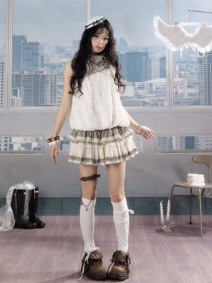 Plaid Ruffled Lace Short Sleeve Top【s0000016537】