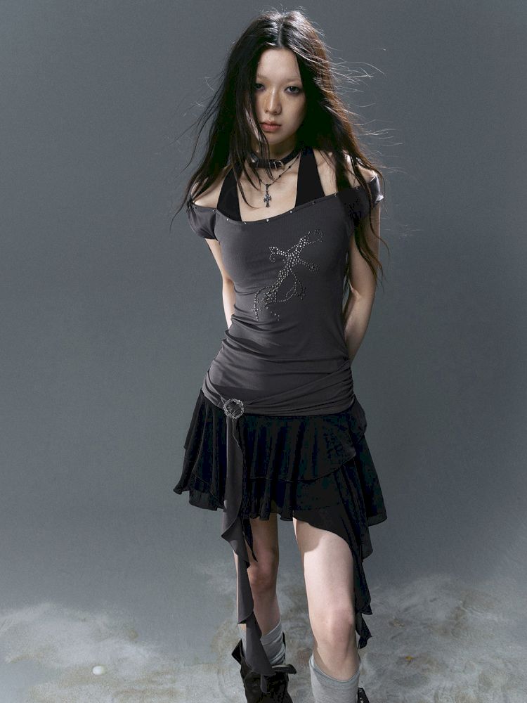 Chiffon ruffle patchwork off-the-shoulder dress【s0000012801】