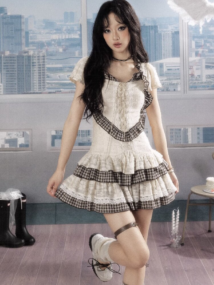 Plaid Lace Drawstring Short Skirt【s0000016524】