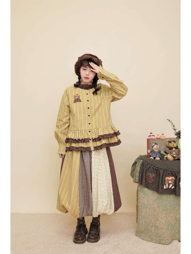 Vintage Girly Lace Bear Turmeric Shirt【s0000014839】