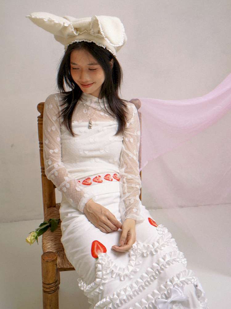 Cream Strawberry Cake Print Pencil Skirt【s0000014531】