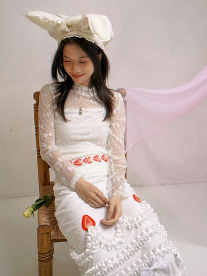 Cream Strawberry Cake Print Pencil Skirt【s0000014531】