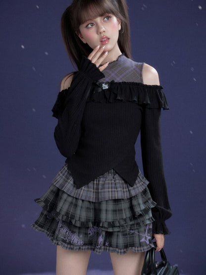 Dark Flower Purple Shoulder Top【s0000015468】