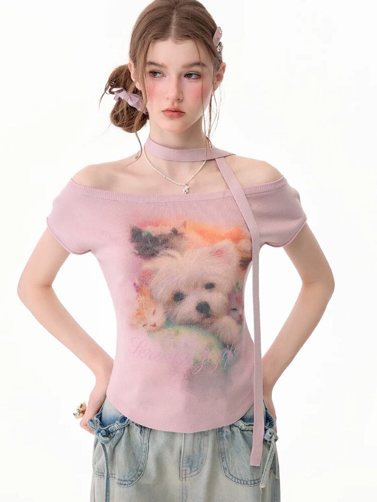 Puppy Print Slim Knitted Short T【s0000017671】