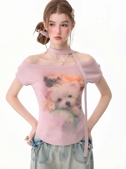 Puppy Print Slim Knitted Short T【s0000017671】