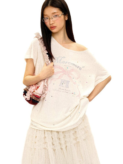 Bow Print Diamond Distressed Tee【s0000016425】