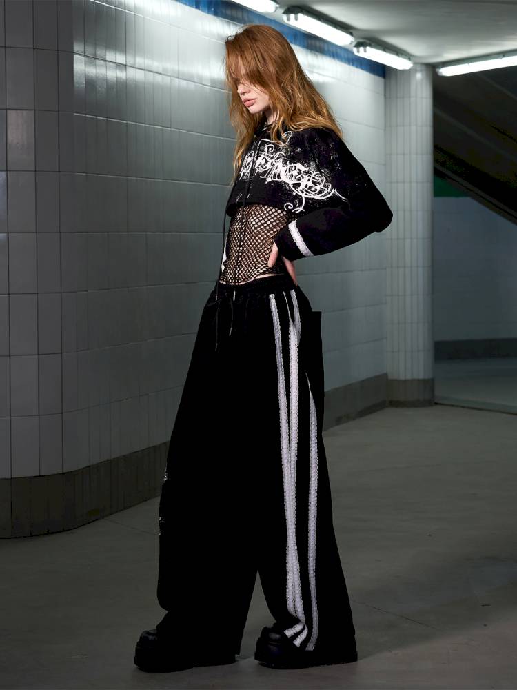 Splatter-Printed Lace-Trimmed Faux Two-Piece Hoodie【s0000014418】