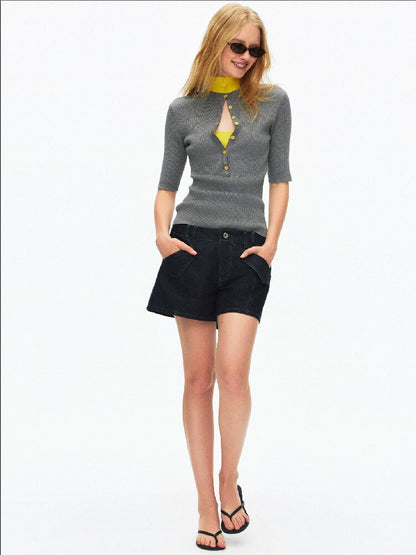 Lyocell Contrast Knitted Top【s0000015923】
