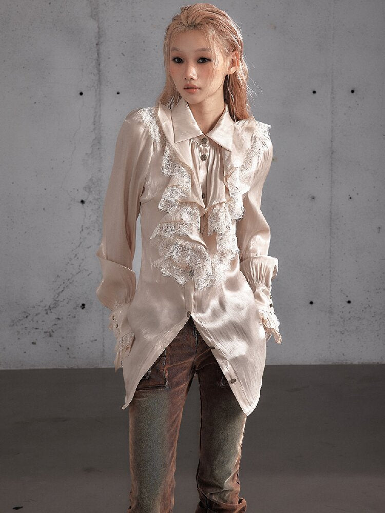Ruffled Lace Satin Silk Shirt【s0000019157】