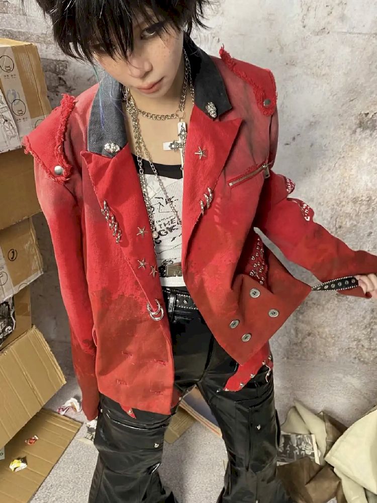 Red distressed blazer【s0000010333】