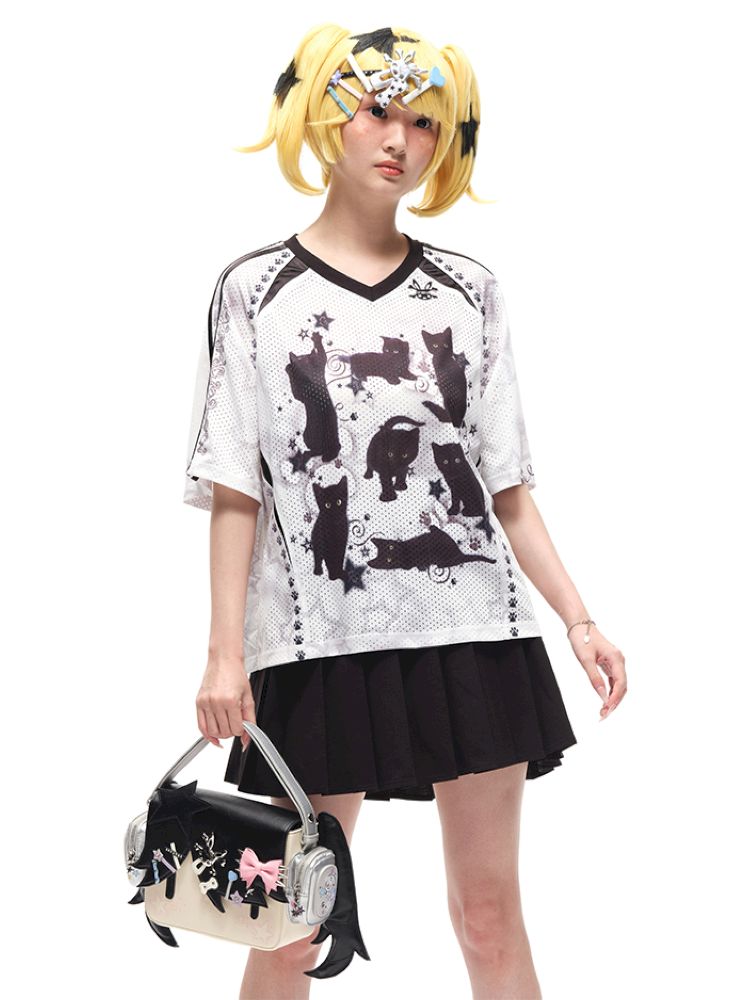 Black cat print shoulder sleeve t-shirt【s0000012586】