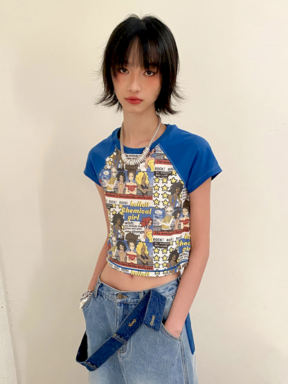 Manga Full Print Short Plunging Short Sleeve T-Shirt【s0000012433】