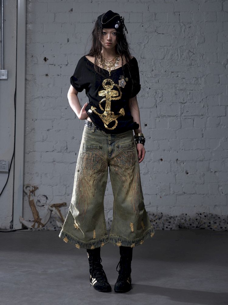 Wide-leg denim cropped pants【s0000012800】