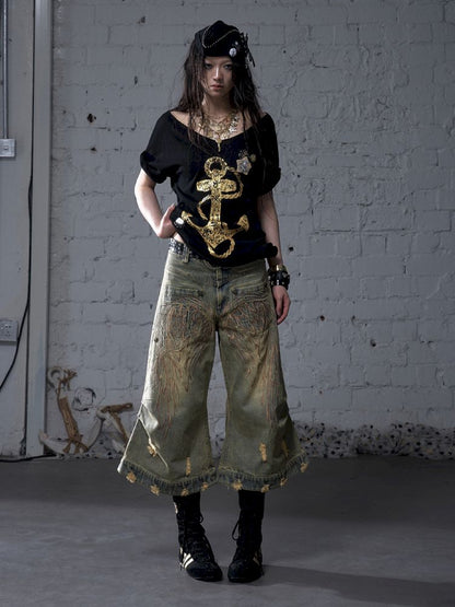 Wide-leg denim cropped pants【s0000012800】