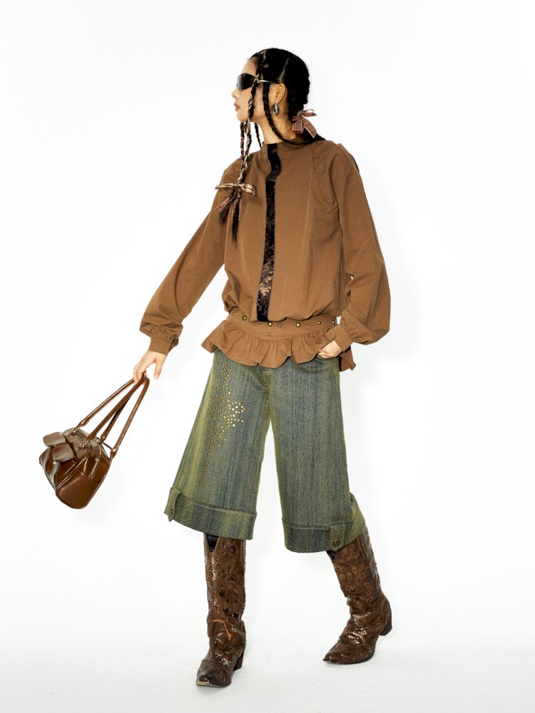 장식 된 렌더링 된 세척 데님 미디 바지 [S0000006271]