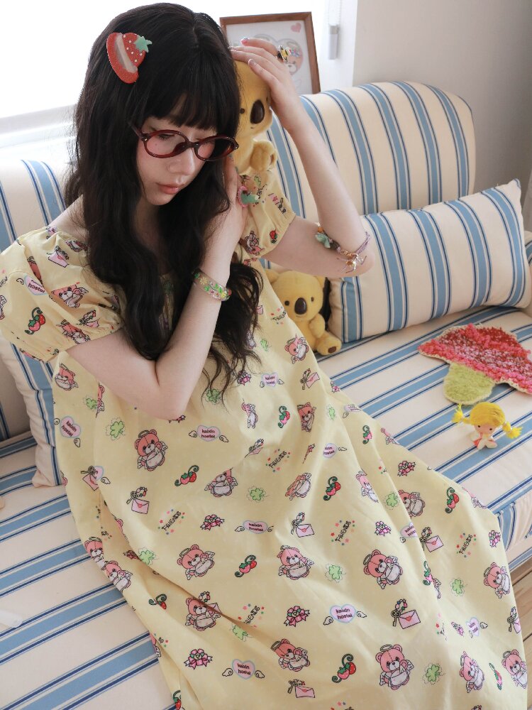 Bear Print Puff Sleeve Long Dress【s0000017512】