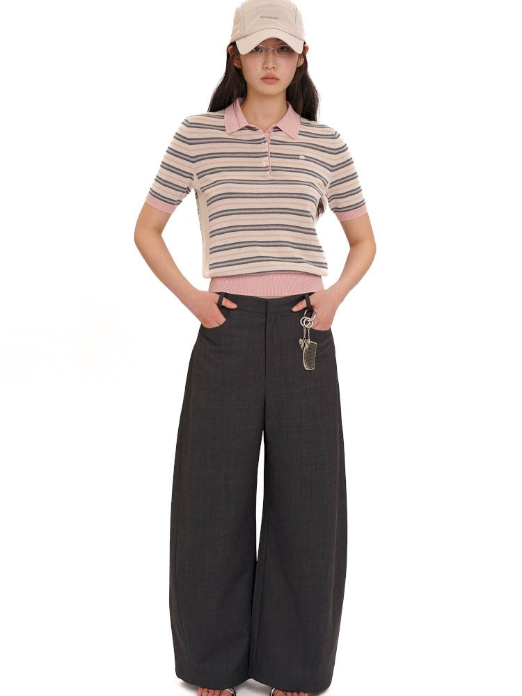 Stripes polo collar short sleeve knit tops【s0000013436】