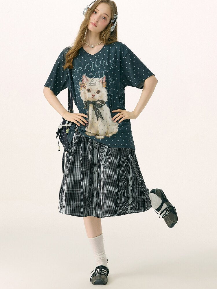 Loose Polka Dot Cat Print T-Shirt【s0000016856】