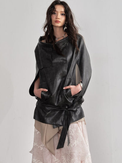 Vintage Brown PU Leather Cape Shawl【s0000015688】