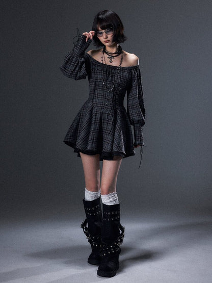 Vintage Plaid Off-Shoulder Dress【s0000018002】