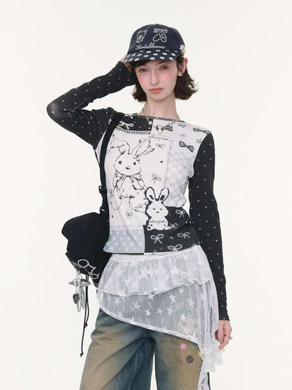 Rabbit Print Bow Contrast Top【s0000015433】