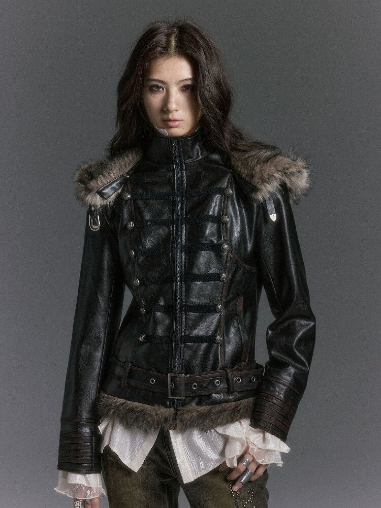 Napoleon Hooded Wool Collar Leather Coat【s0000019239】