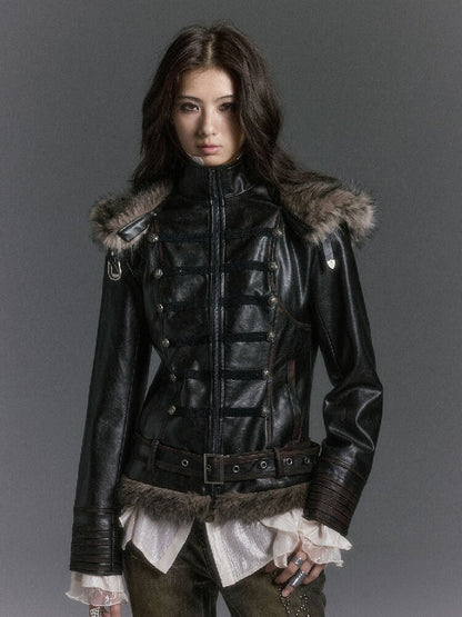 Napoleon Hooded Wool Collar Leather Coat【s0000019239】