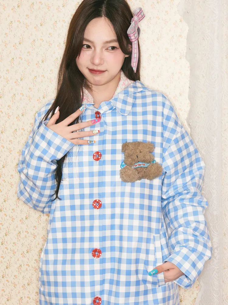 Blue plaid detachable-hood trench coat【s0000014149】