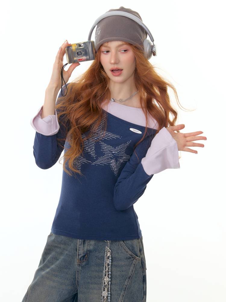 Star Print Dark Blue Long Sleeve T-Shirt【s0000014361】