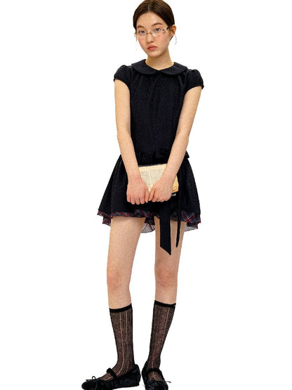 Preppy Dark Check Doll Neck Dress【s0000016427】