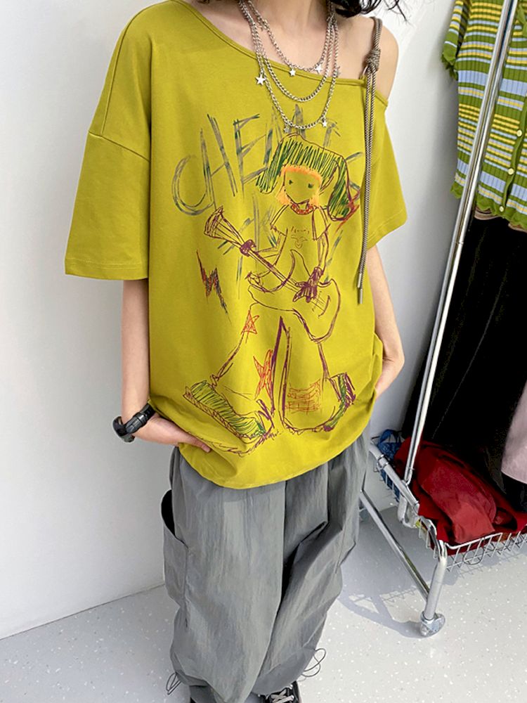 "Roll Zone Painter" Off-Shouder Short Sleeve T-Shirt [S0000008870]