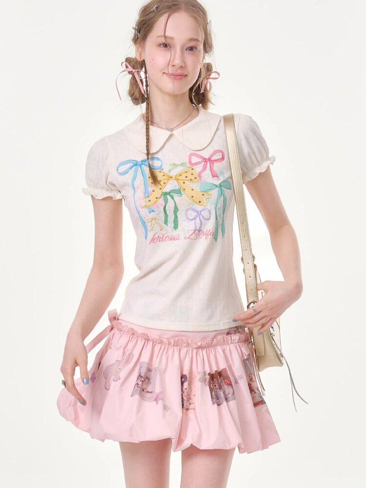 Puff Sleeve Bow Print T-Shirt【s0000016617】