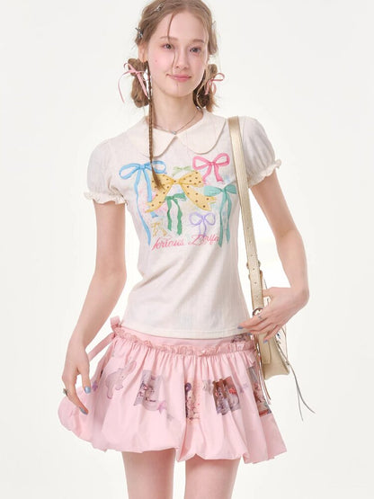Puff Sleeve Bow Print T-Shirt【s0000016617】