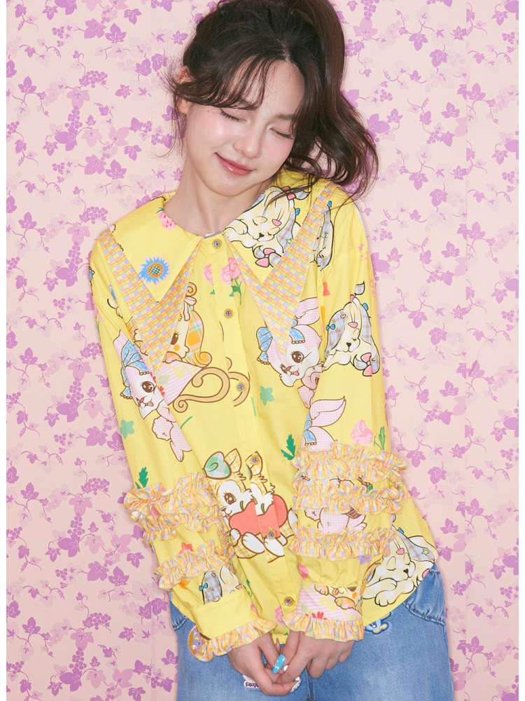 Yellow Ruffled Critter Print Shirt【s0000015032】