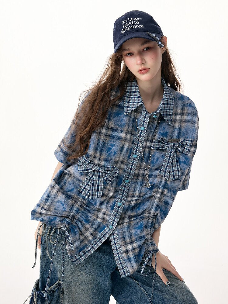 Blue Plaid Bow Preppy Style Shirt【s0000017308】