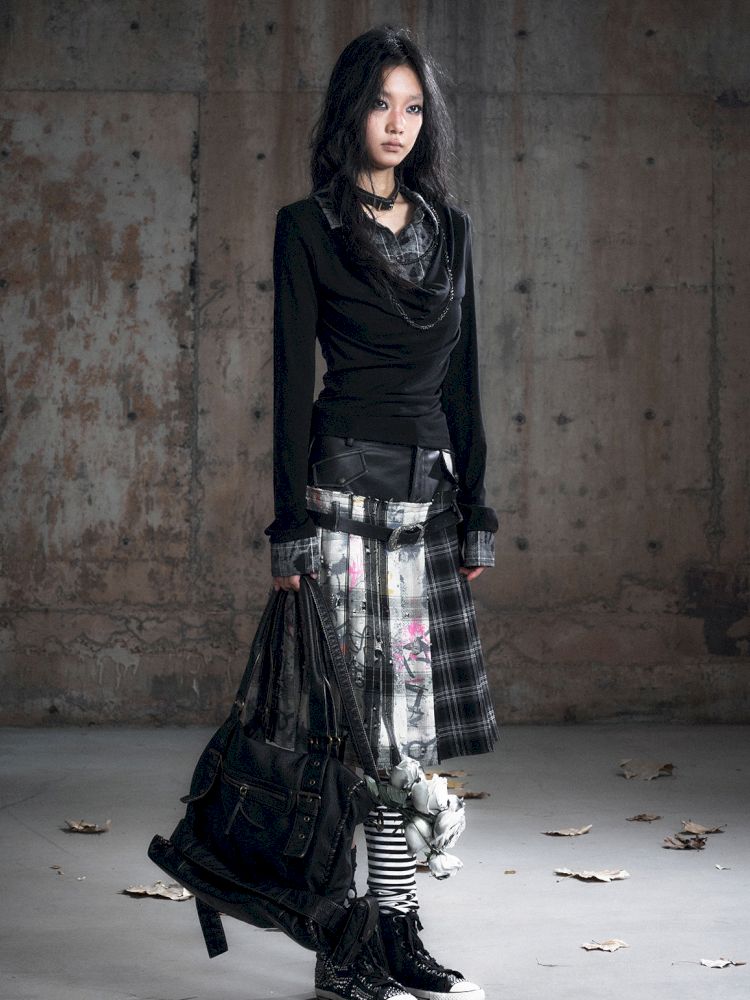 Plaid Tie-Dye Black Swing Neck Long Sleeve Blouse【s0000013887】