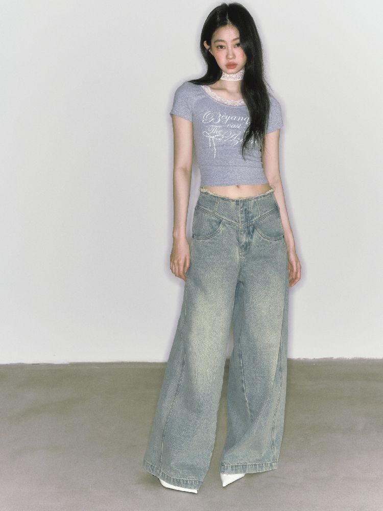 Wide-leg broken holes micro-laundry jeans【s0000012140】