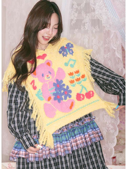 Yellow Bear Knit Shawl Tassel Hooded Cape【s0000014821】