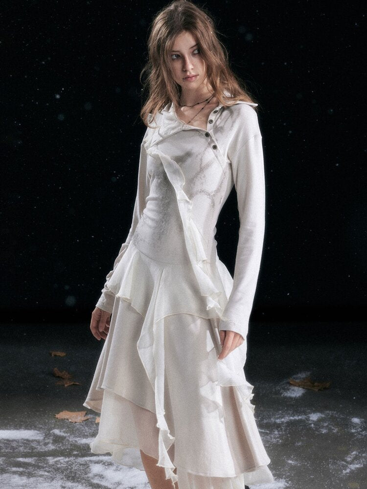 Smudged Print Ruffled Panel Dress【s0000015551】