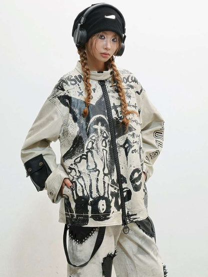 Old Printed Motorcycle Punk Thick Leather Jacket【s0000014829】