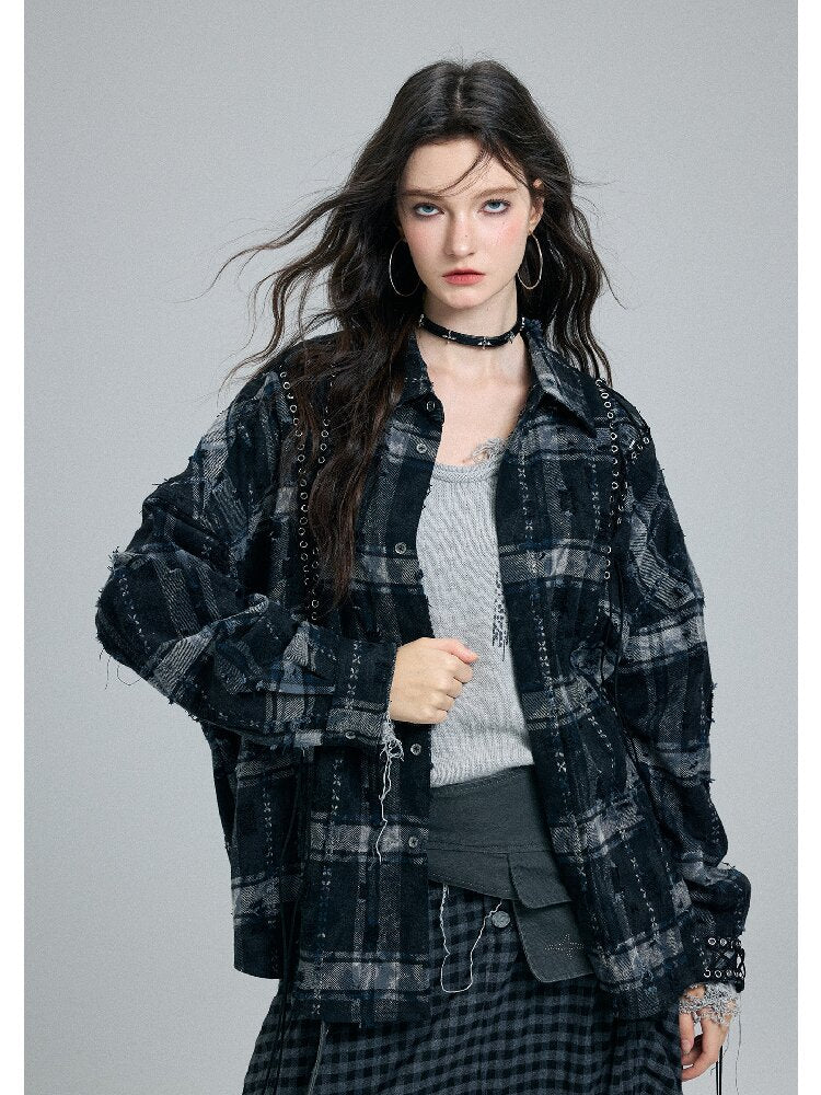 Plaid Strap Torn Long-Sleeved Shirt【s0000016258】