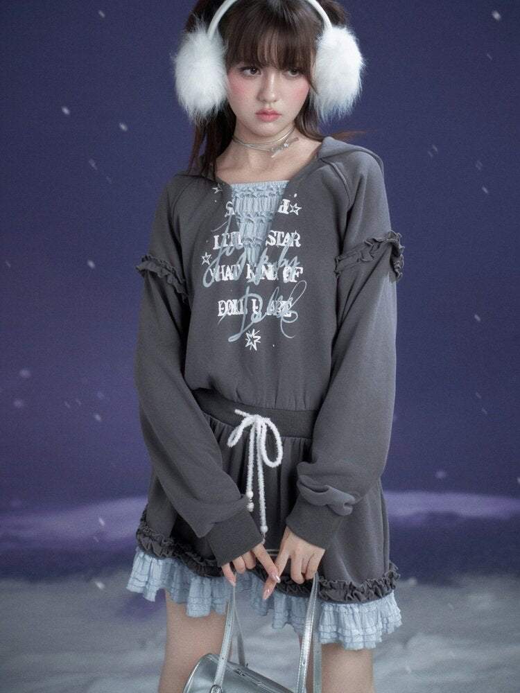 Gray Blue Print Lace Hoodie Dress【s0000015471】