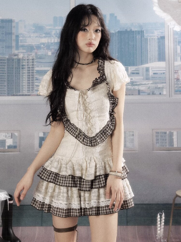 Plaid Lace Drawstring Short Skirt【s0000016524】