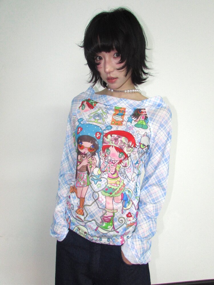Check Stretch Mesh Long Sleeve Top【s0000018654】