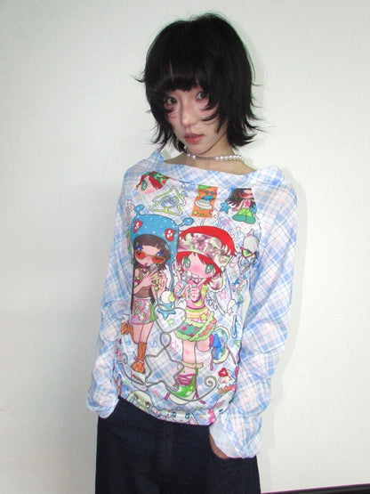 Check Stretch Mesh Long Sleeve Top【s0000018654】