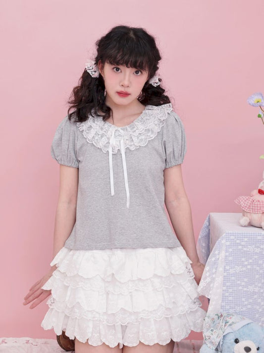 Lace Collar Bow Bubble Sleeve Gray T-Shirt【s0000012386】