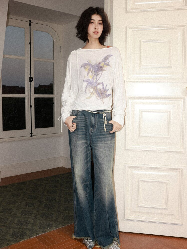 Mist Orchid Print Lace Up Top【s0000015457】